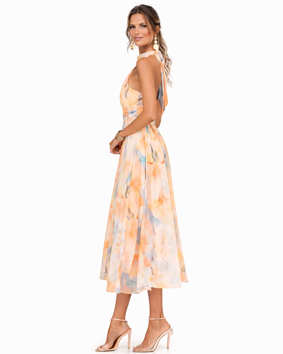 Women's Floral Halter Neck Chiffon Midi Dress