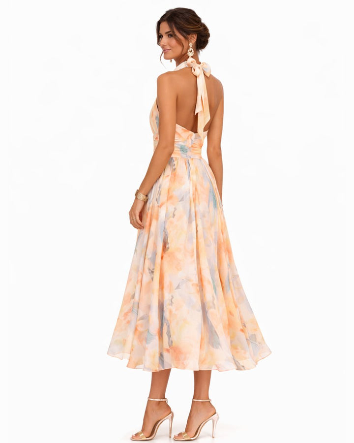 Women's Floral Halter Neck Chiffon Midi Dress