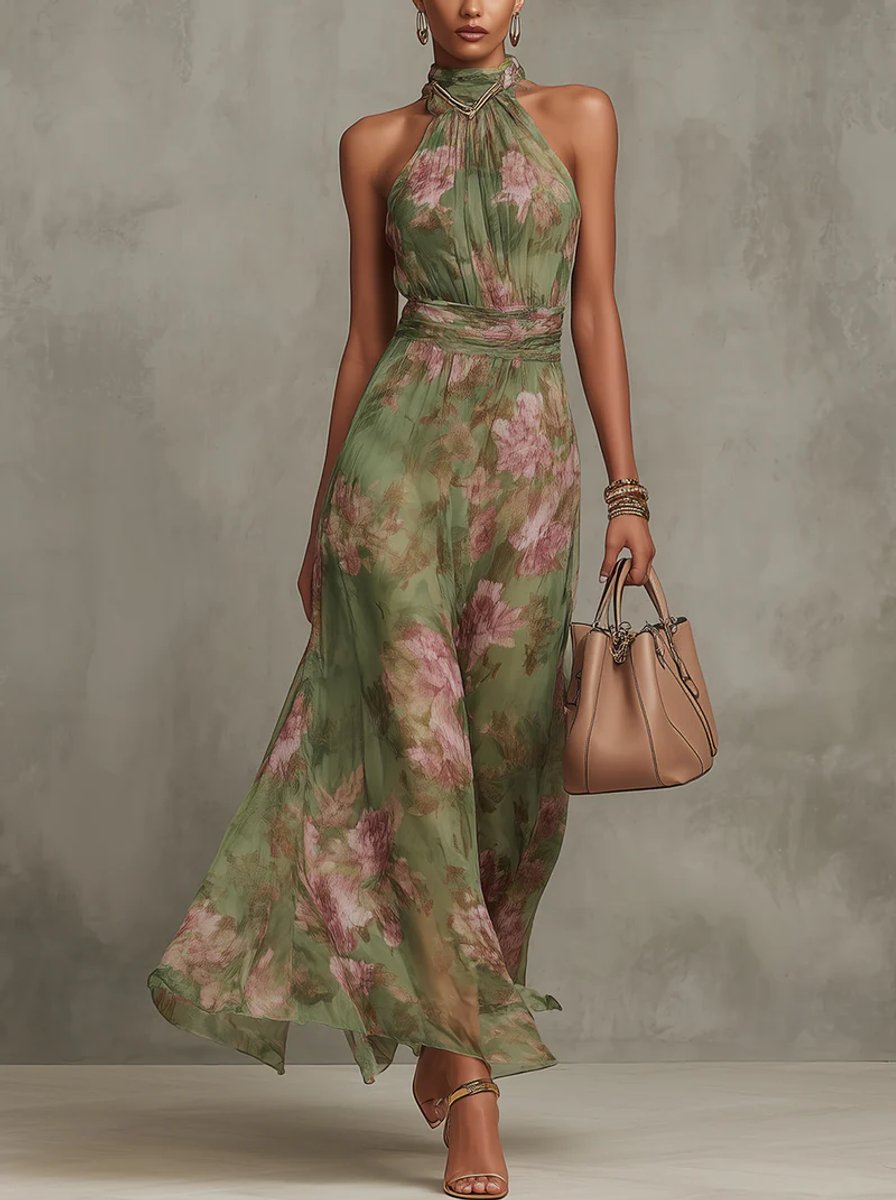 Women's Floral Halterneck Chiffon Midi Dress - Green Floral Print
