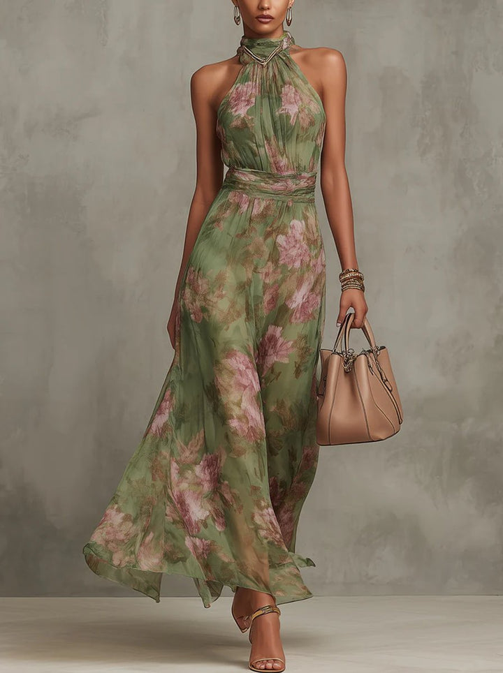 Women's Floral Halterneck Chiffon Midi Dress - Green Floral Print