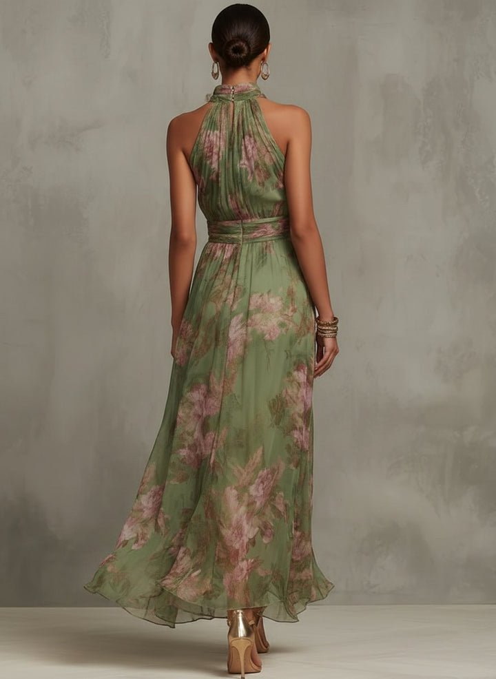Women's Floral Halterneck Chiffon Midi Dress