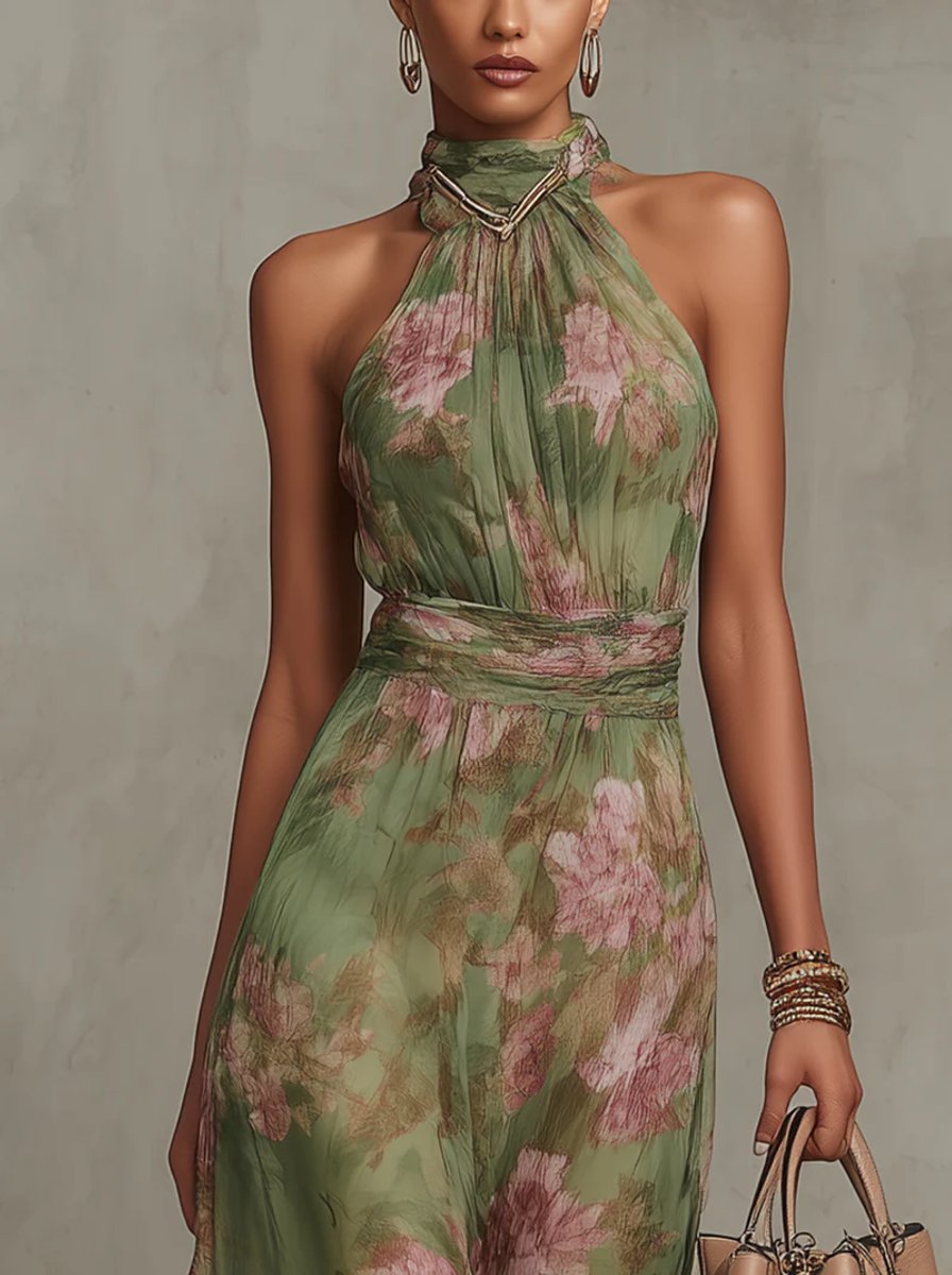 Women's Floral Halterneck Chiffon Midi Dress