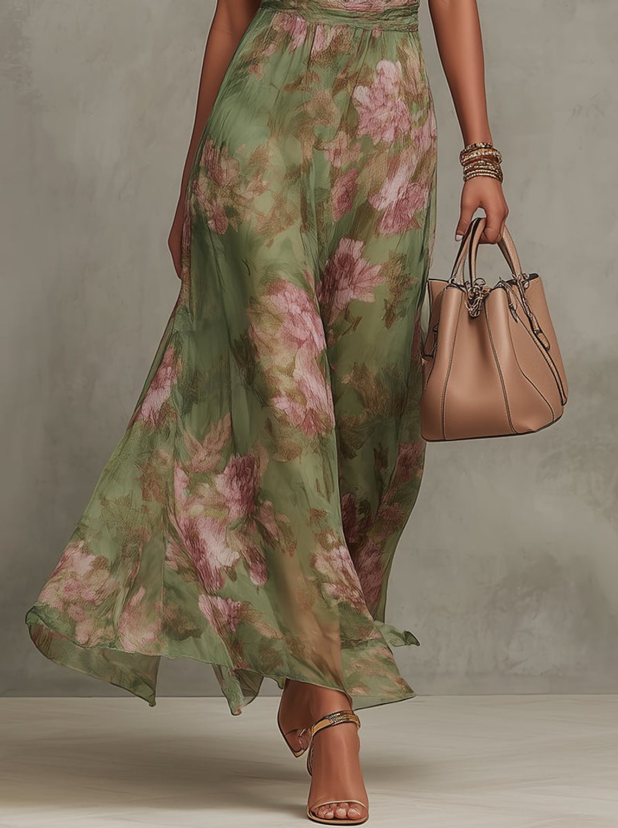 Women's Floral Halterneck Chiffon Midi Dress