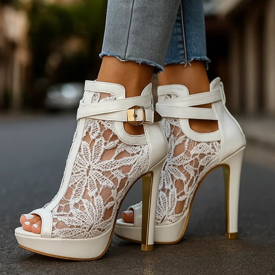 Women's Floral Lace Peep-Toe Stiletto Ankle-Strap Heels