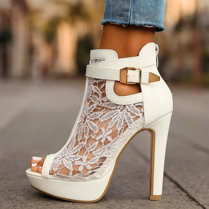 Women's Floral Lace Peep-Toe Stiletto Ankle-Strap Heels - Ivory White