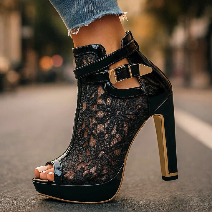 Women's Floral Lace Peep-Toe Stiletto Ankle-Strap Heels - Classic Black