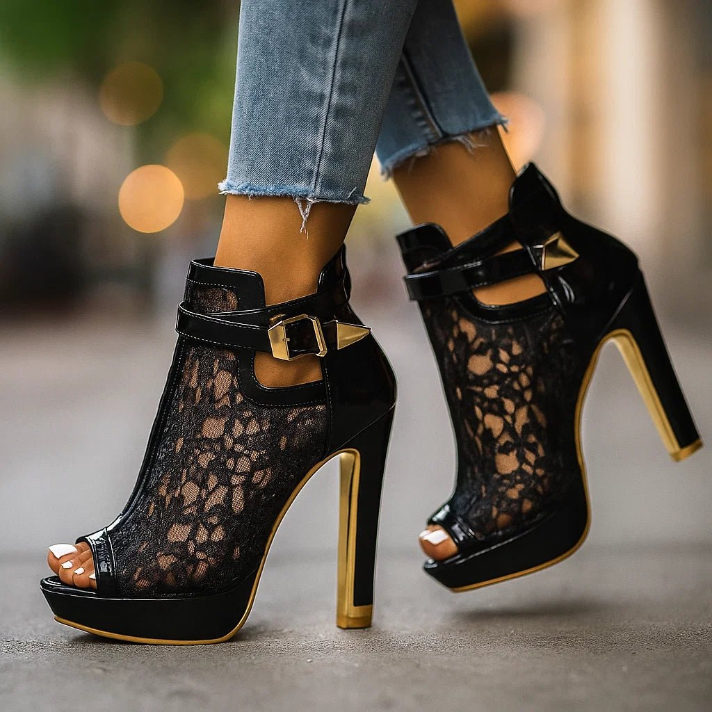 Women's Floral Lace Peep-Toe Stiletto Ankle-Strap Heels