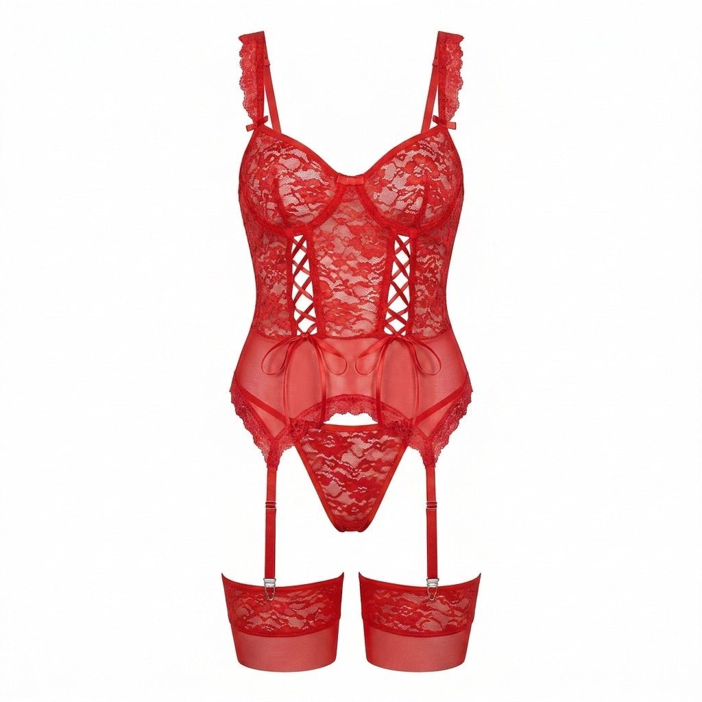 Women's Floral Lace Underwired Bustier Lingerie Set - Red