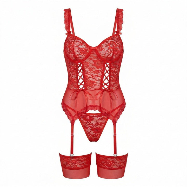 Women's Floral Lace Underwired Bustier Lingerie Set - Red