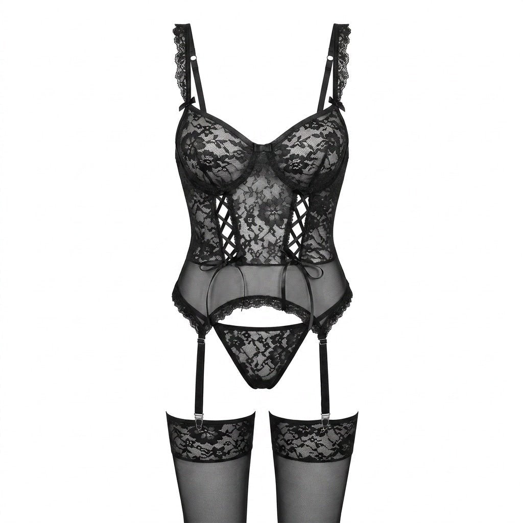 Women's Floral Lace Underwired Bustier Lingerie Set - Black
