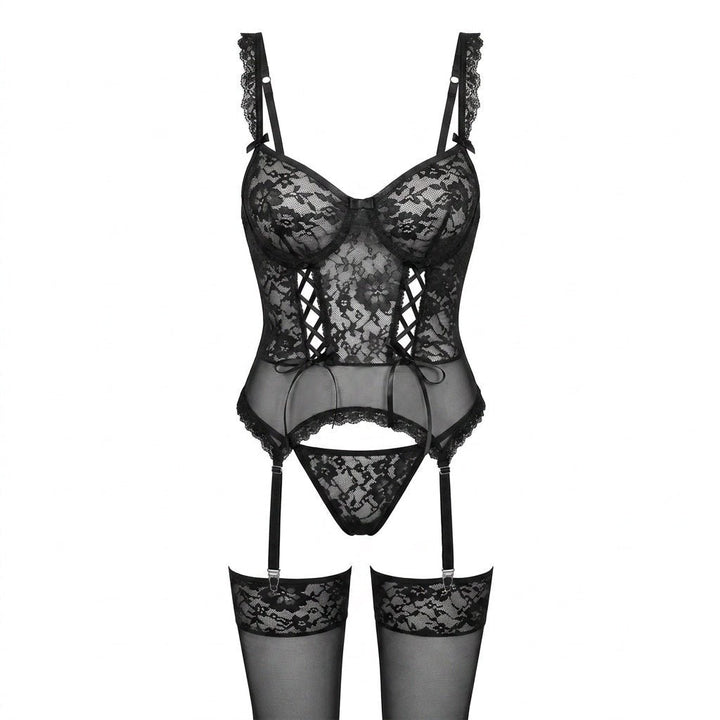 Women's Floral Lace Underwired Bustier Lingerie Set - Black