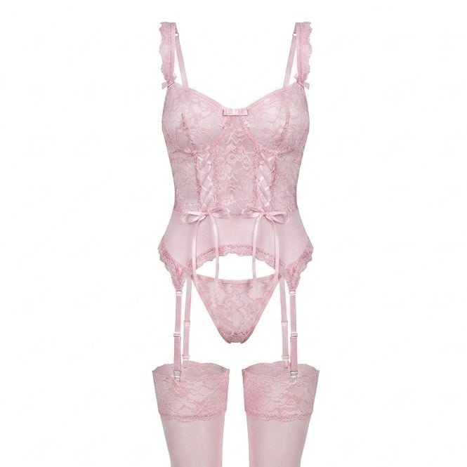 Women's Floral Lace Underwired Bustier Lingerie Set - Pink