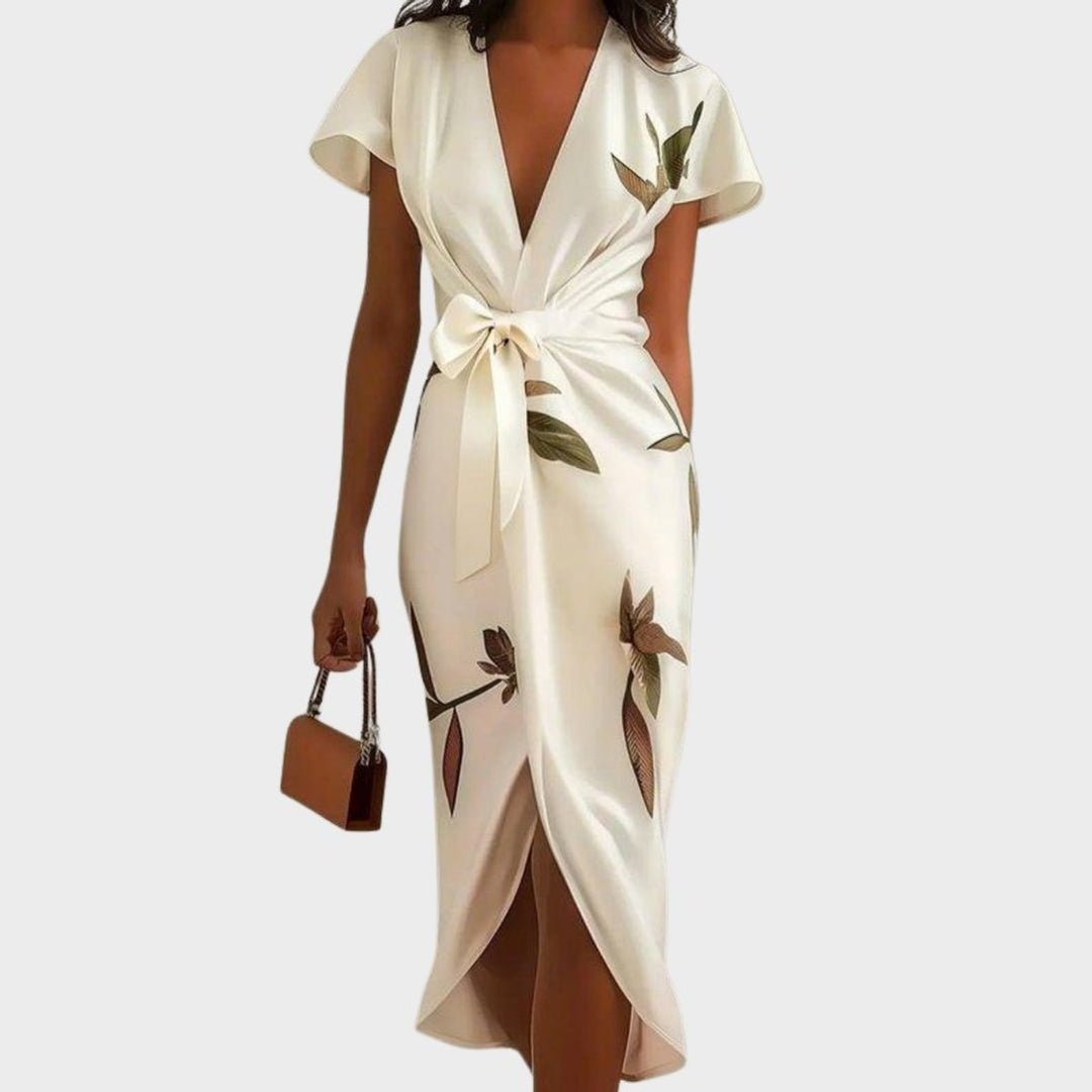 Women's Floral Leaf-Print Cap-Sleeve Wrap Midi Dress