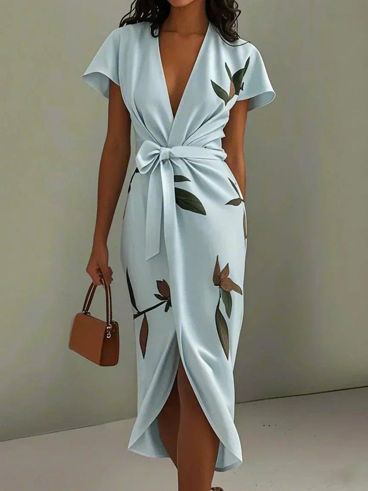 Women's Floral Leaf-Print Cap-Sleeve Wrap Midi Dress - Light Blue