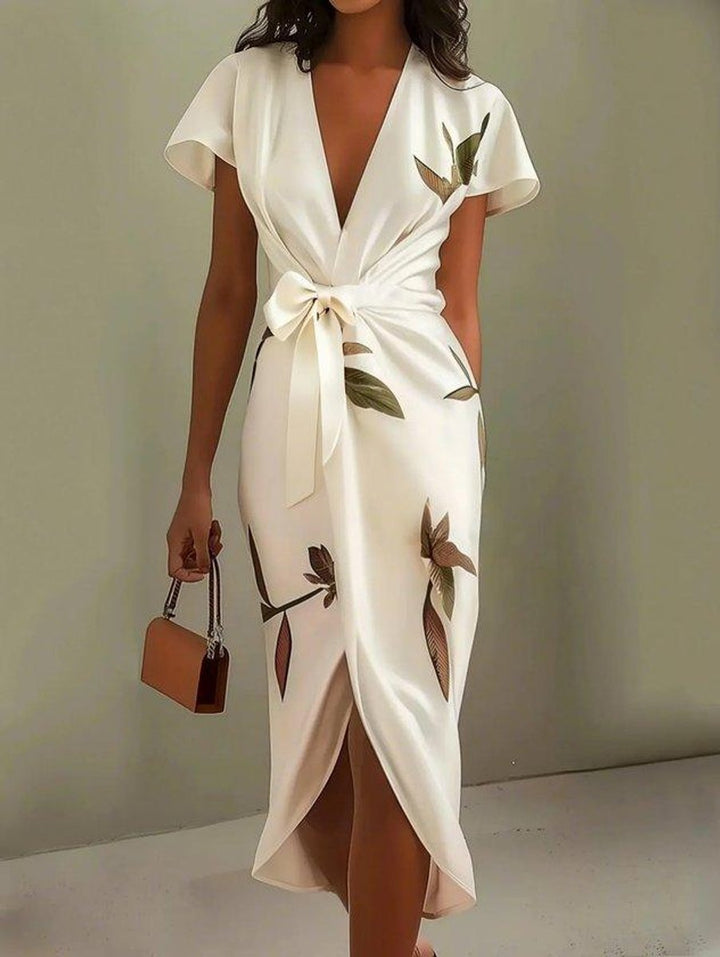 Women's Floral Leaf-Print Cap-Sleeve Wrap Midi Dress - White
