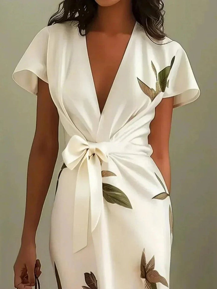 Women's Floral Leaf-Print Cap-Sleeve Wrap Midi Dress