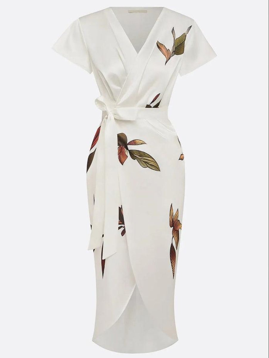 Women's Floral Leaf-Print Cap-Sleeve Wrap Midi Dress