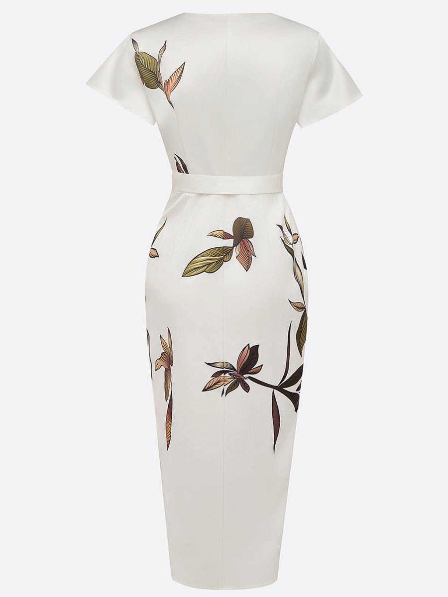Women's Floral Leaf-Print Cap-Sleeve Wrap Midi Dress