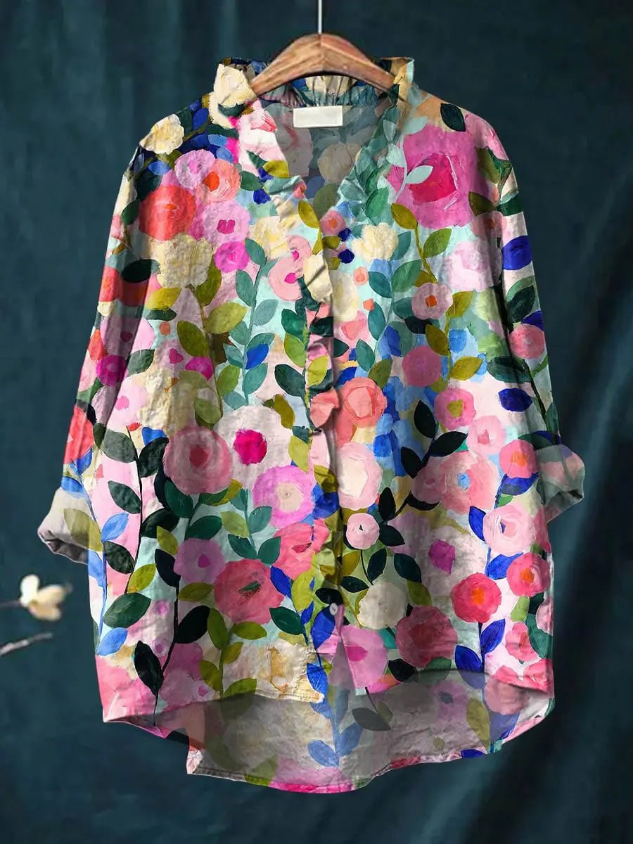 Women's Floral Linen-Cotton Ruffle Blouse