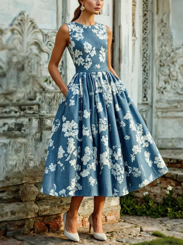 Women's Floral Linen Sleeveless Midi Dress - Blue