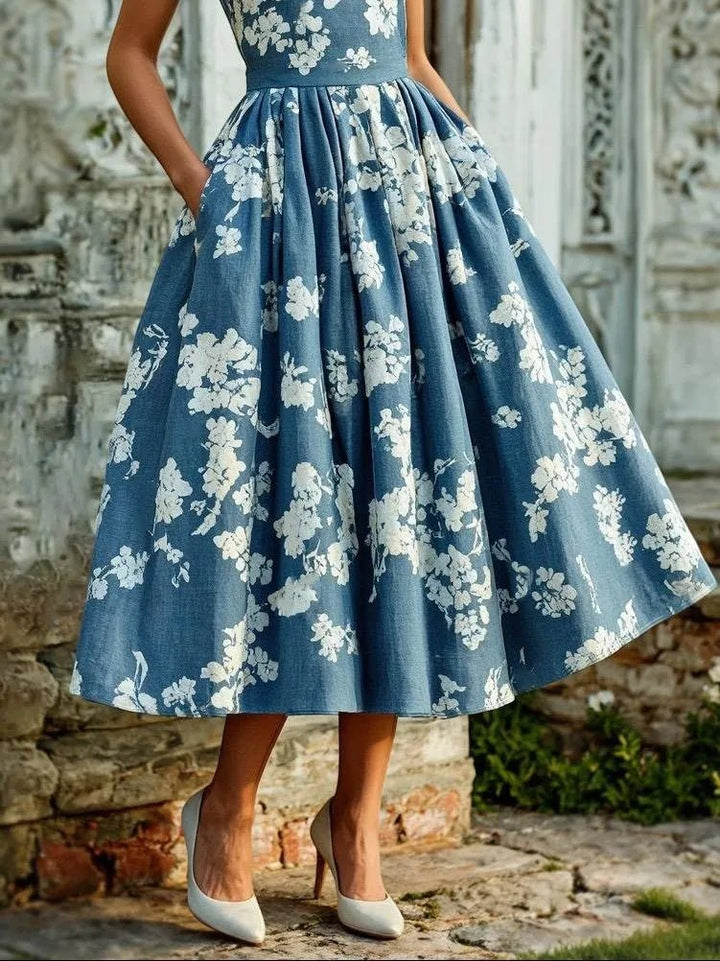Women's Floral Linen Sleeveless Midi Dress
