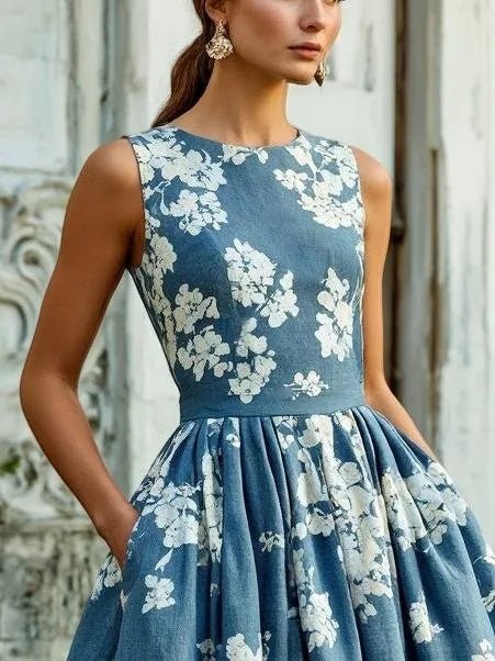 Women's Floral Linen Sleeveless Midi Dress