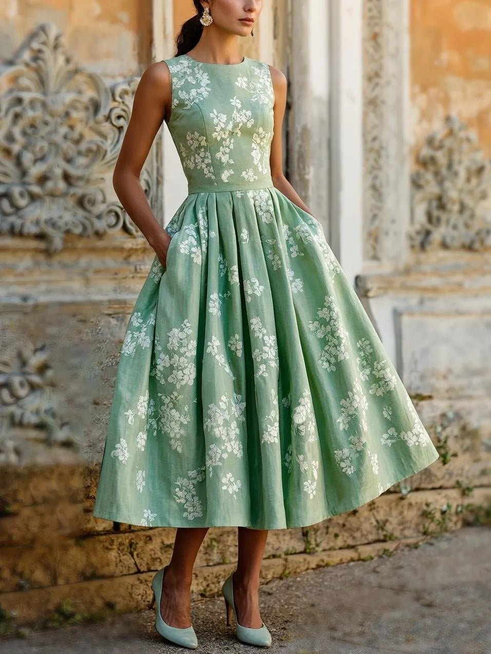 Women's Floral Linen Sleeveless Midi Dress - Green