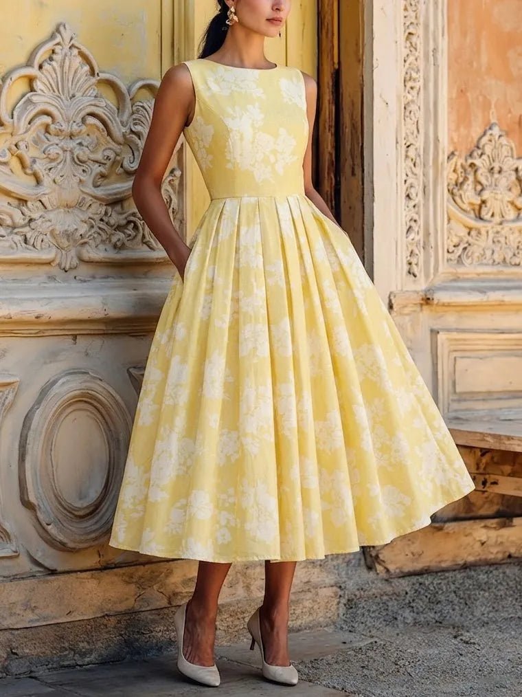 Women's Floral Linen Sleeveless Midi Dress - Yellow