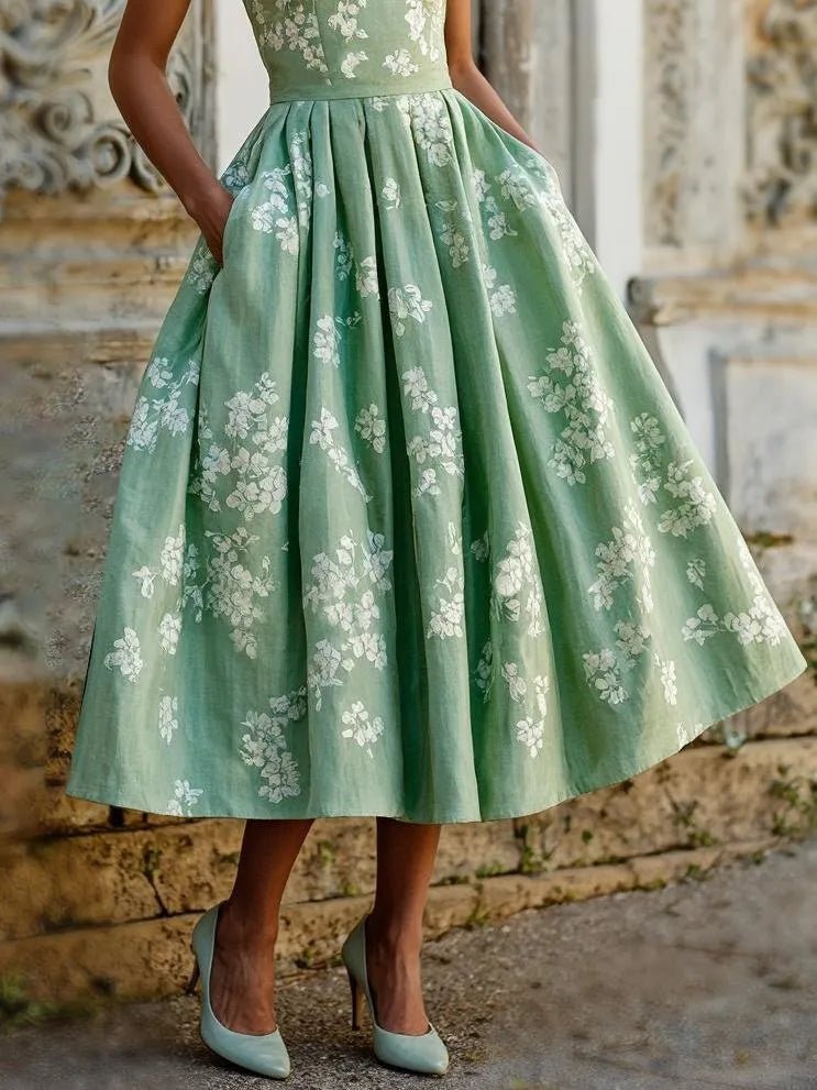 Women's Floral Linen Sleeveless Midi Dress