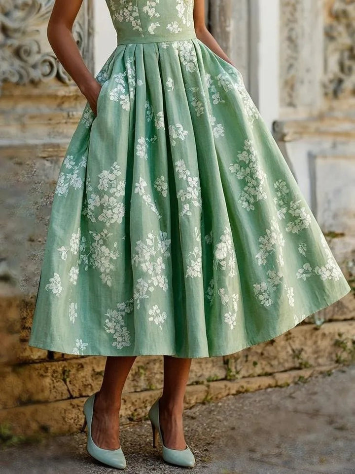 Women's Floral Linen Sleeveless Midi Dress