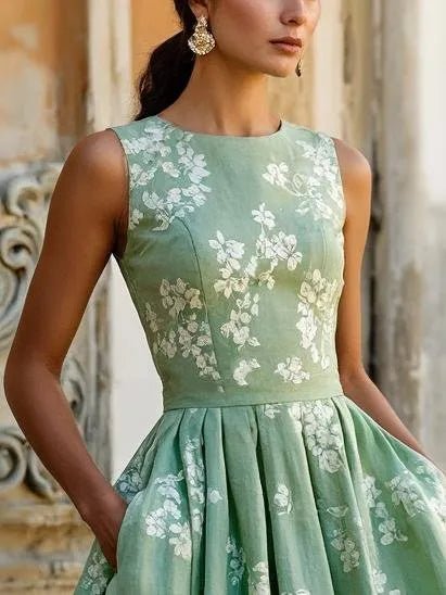 Women's Floral Linen Sleeveless Midi Dress