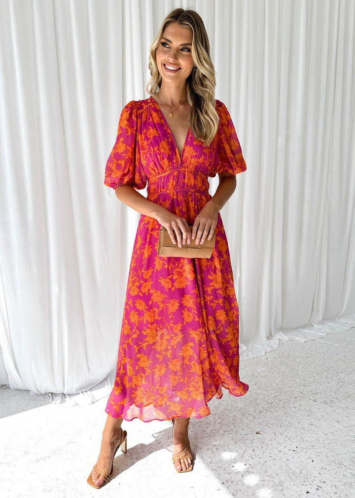 Women's Floral Midi Dress Puff Sleeves V-Neck - Roze-Oranje