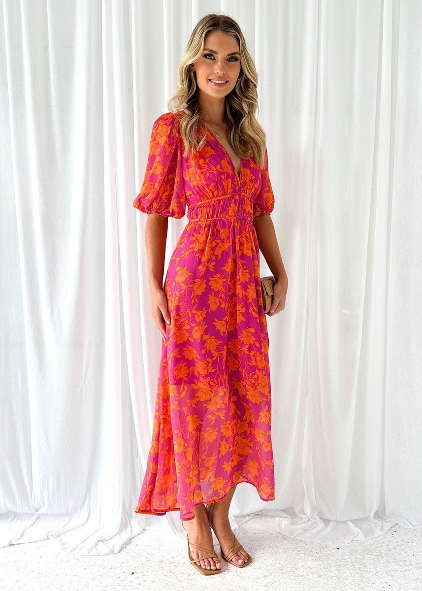 Women's Floral Midi Dress Puff Sleeves V-Neck