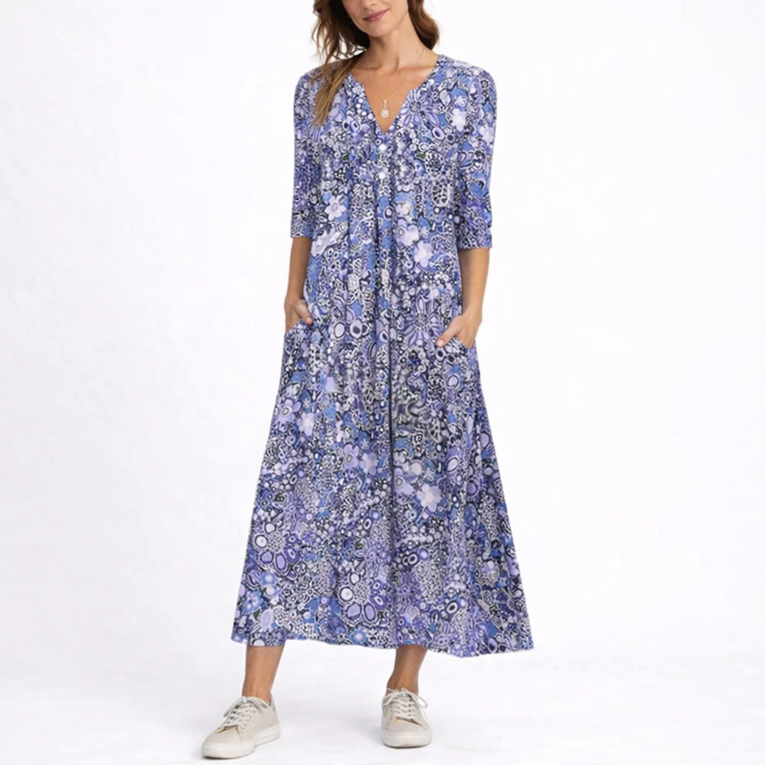 Women's Floral Midi Fall Wedding Guest Dress V-Neck Three-Quarter Sleeve - Blue