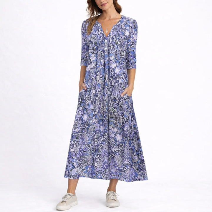 Women's Floral Midi Fall Wedding Guest Dress V-Neck Three-Quarter Sleeve - Blue