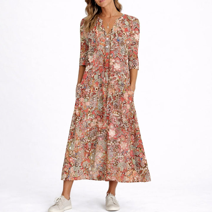 Women's Floral Midi Fall Wedding Guest Dress V-Neck Three-Quarter Sleeve - Red