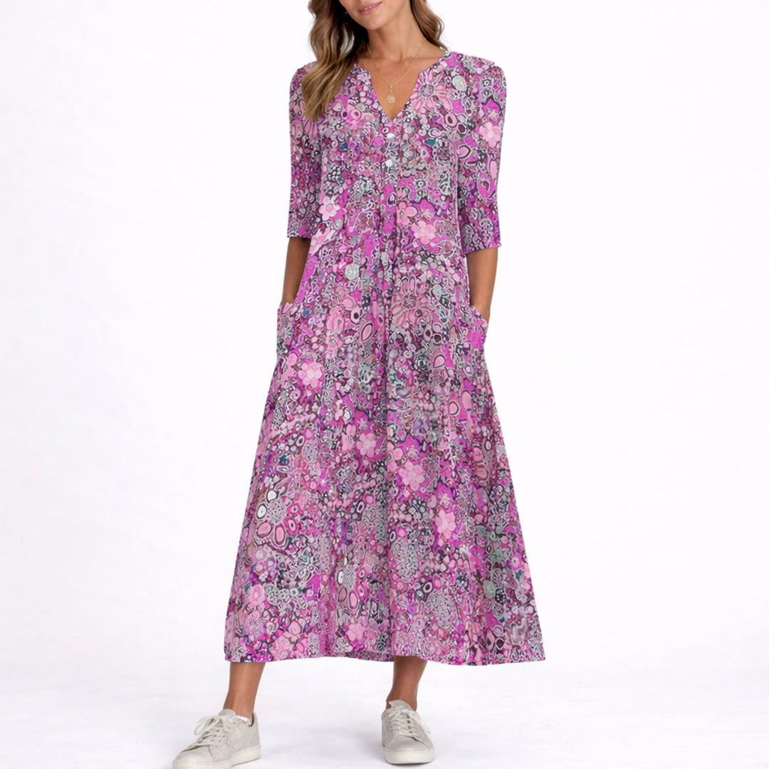 Women's Floral Midi Fall Wedding Guest Dress V-Neck Three-Quarter Sleeve - Purple