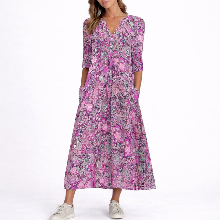 Women's Floral Midi Fall Wedding Guest Dress V-Neck Three-Quarter Sleeve - Purple