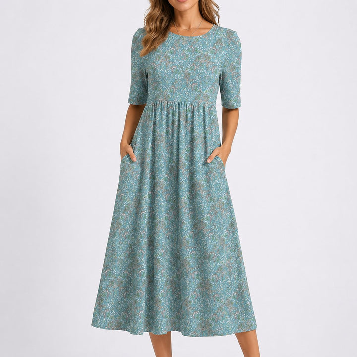 Women's Floral Midi Fall Wedding Guest Dresses Short Sleeve