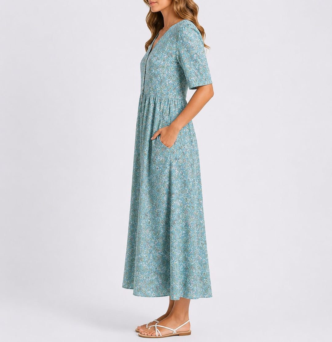Women's Floral Midi Fall Wedding Guest Dresses Short Sleeve
