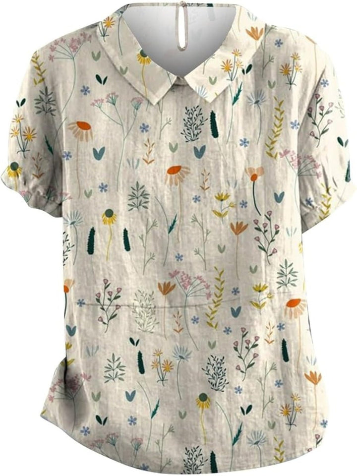 Women's Floral Polo Shirt Loose Fit Collared Blouse - White