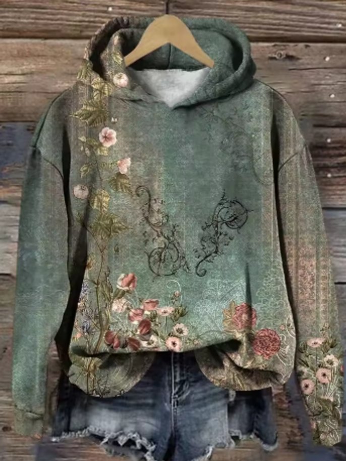 Women's Floral Print Hooded Knit Sweater Oversized Pullover
