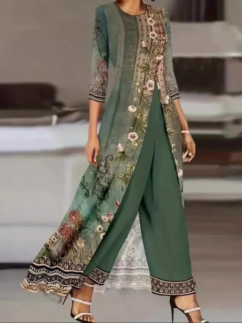 Women's Floral Print Long Overlay Top Wide-Leg Trousers Two-Piece Set - Green
