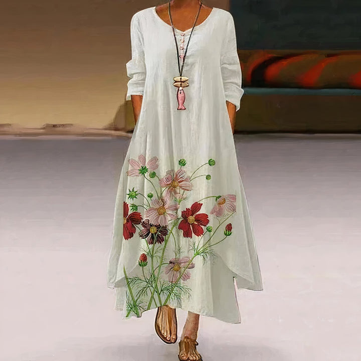 Women's Floral Print Long-Sleeve Loose A-Line Maxi Dress - White 1