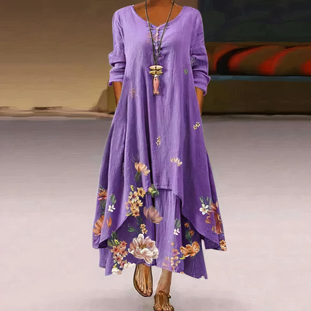 Women's Floral Print Long-Sleeve Loose A-Line Maxi Dress - Lavender