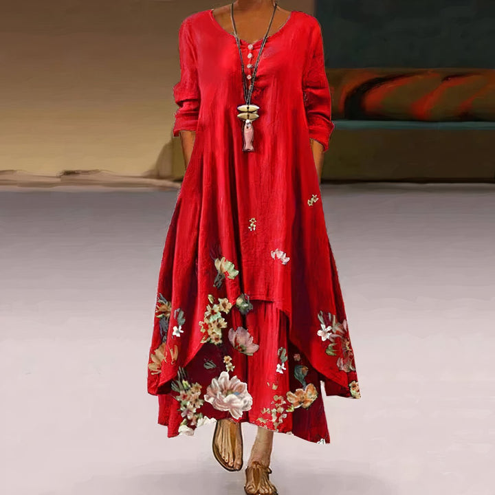 Women's Floral Print Long-Sleeve Loose A-Line Maxi Dress - Red
