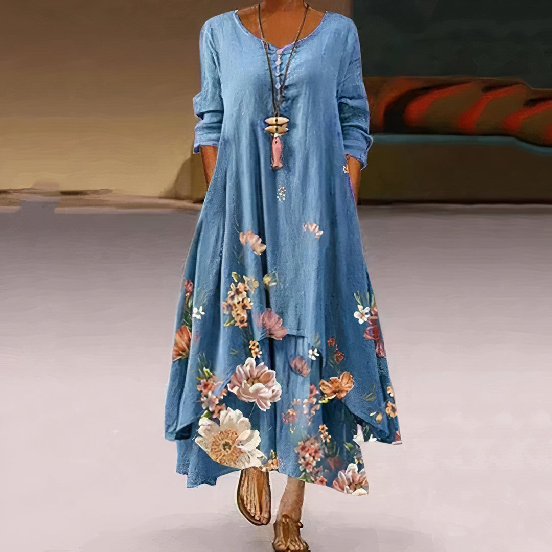Women's Floral Print Long-Sleeve Loose A-Line Maxi Dress - Blue