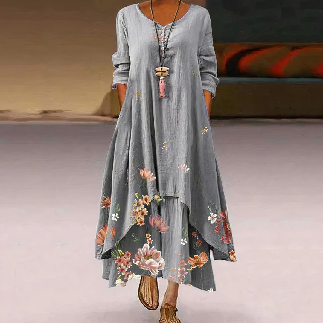 Women's Floral Print Long-Sleeve Loose A-Line Maxi Dress - Light Gray