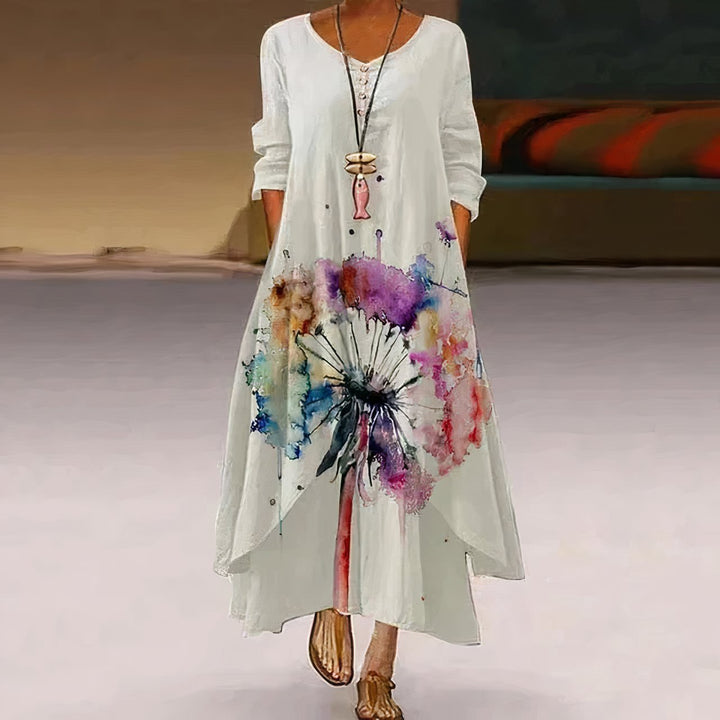 Women's Floral Print Long-Sleeve Loose A-Line Maxi Dress - White 2