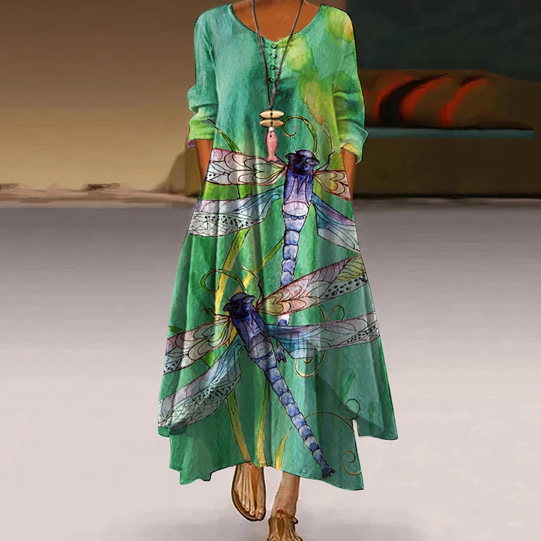 Women's Floral Print Long-Sleeve Loose A-Line Maxi Dress - Green